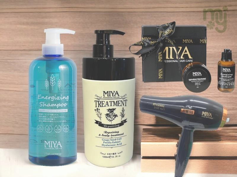 Miya Energizing Shampoo 800ml + Miya Repairing & Scalp Treatment 1000ml +Miya Ionic Hair Dryer +Free Travel Set
