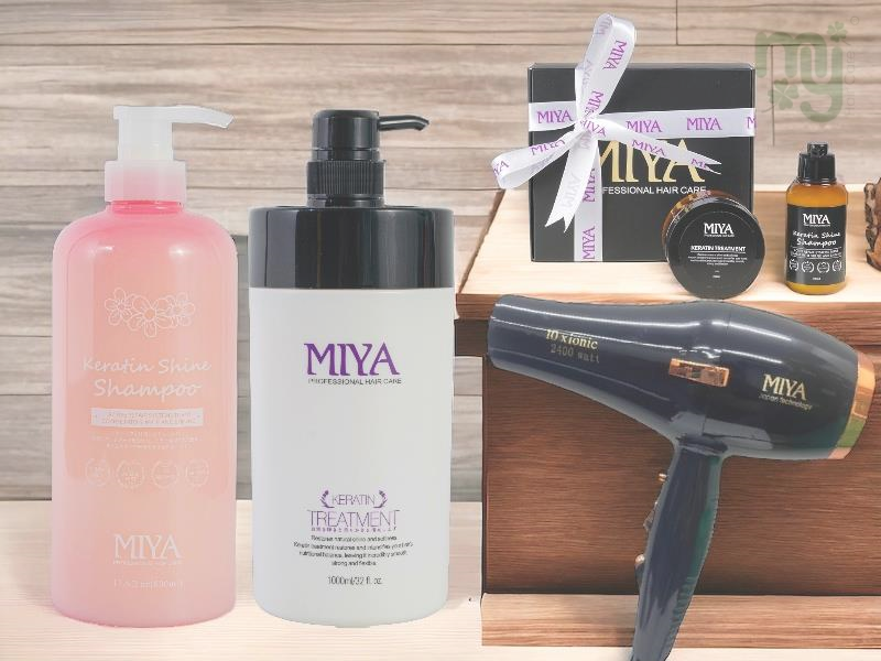 Miya Keratin Shine Shampoo 800ml + Miya Keratin Treatment 1000ml + Miya Ionic Hair Dryer 2400w +Free Travel Set